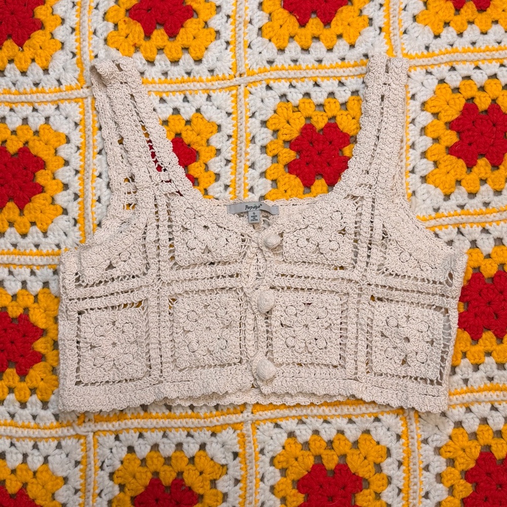 Papaya Cream Crochet Square-Motif Crop Top with Fabric Boho Vibe Buttons